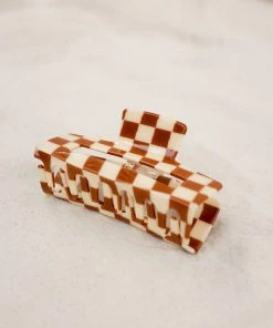 PIPE AND ROW XL CHECKER HAIR CLAW BROWN & CREAM