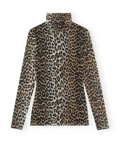 GANNI SPRING '22 LEOPARD PRINT MESH LONG SLEEVE