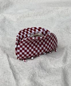 PIPE AND ROW ASYMMETRICAL HAIR CLAW BURGUNDY CHECK